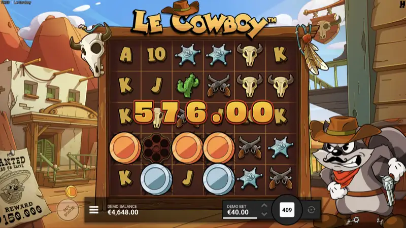 Le Cowboy slot showing a 576.00 big win with coin symbols scattered across the 5x5 grid