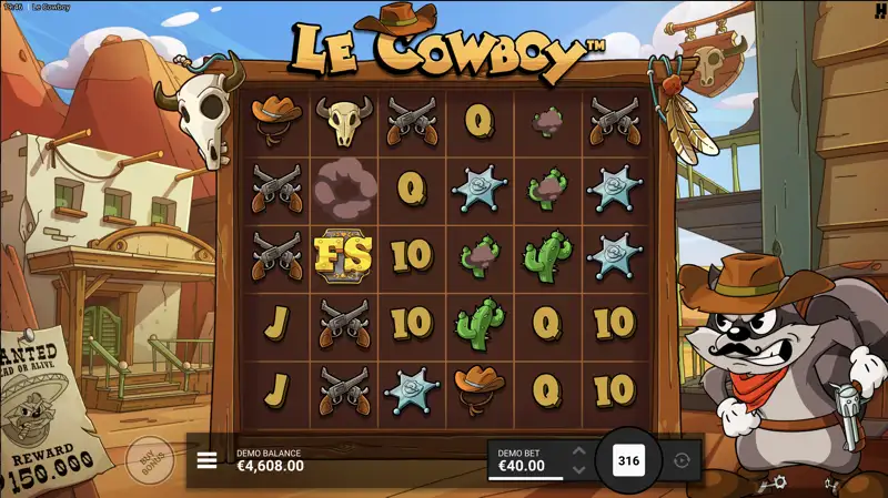 Le Cowboy gamble feature screen showing the risk-reward choice after triggering free spins