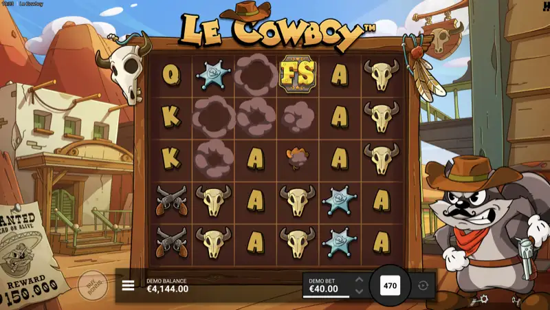 Le Cowboy gameplay showing the 5x5 cluster pays grid with Wild West symbols