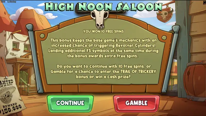 Le Cowboy High Noon Saloon free spins mode with the gamble choice screen displayed over the saloon interior