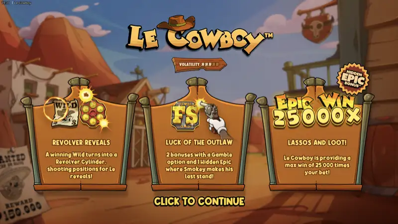 Le Cowboy slot intro screen showing the Wild West saloon with Smokey the raccoon