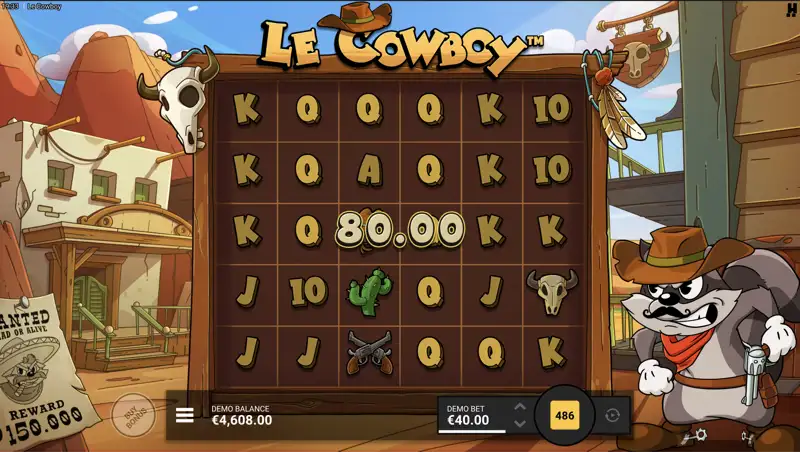 Le Cowboy Revolver Reveals feature with star wild symbols and skull symbols scattered across the 5x5 grid