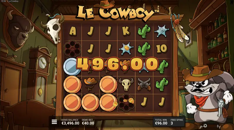 Le Cowboy saloon interior backdrop during free spins mode with warm lighting and detailed Wild West decorations